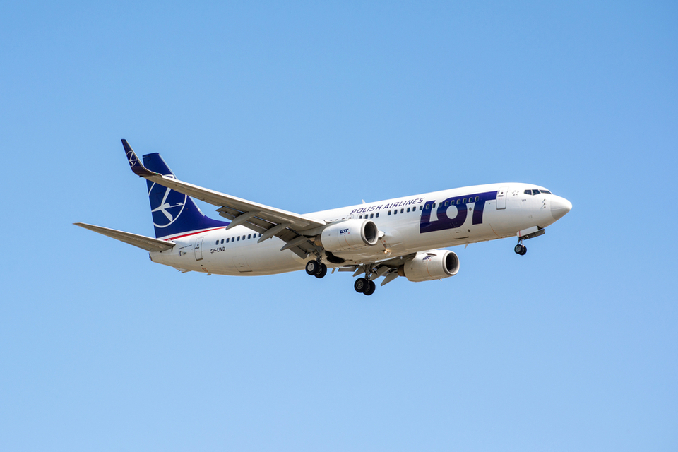 Airplane Boeing 737-800 of LOT Polish Airlines is landing in Bor