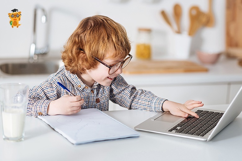 Curious brilliant kid using his laptop
