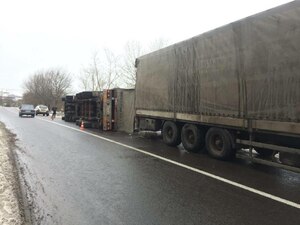 Під Львовом водій вантажівки не впорався з керуванням, внаслідок чого перевернулось авто (ФОТО)