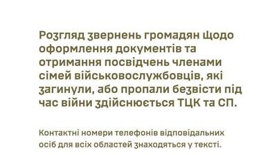 Контакти для розгляду звернень громадян з питань оформлення документів для отримання посвідчення членам сімей військовослужбовців, які загинули, або пропали безвісти 