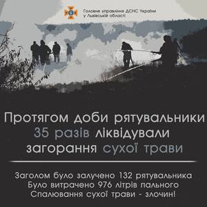 Рятувальники 35 разів, впродовж доби, ліквідували пожежі сухої трави